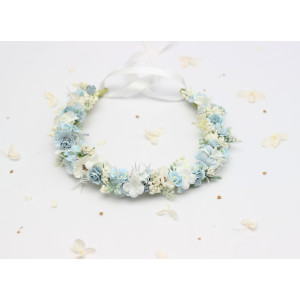 Dusty Blue White Ivory Flower Crown, Flower Girl Headpiece. 5483