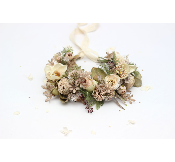 Ivory & Sage Green Boho Flower Crown for Romantic Bridal Hairstyles