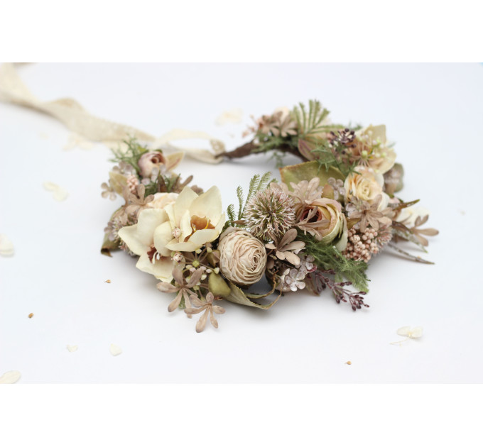 Ivory & Sage Green Boho Flower Crown for Romantic Bridal Hairstyles