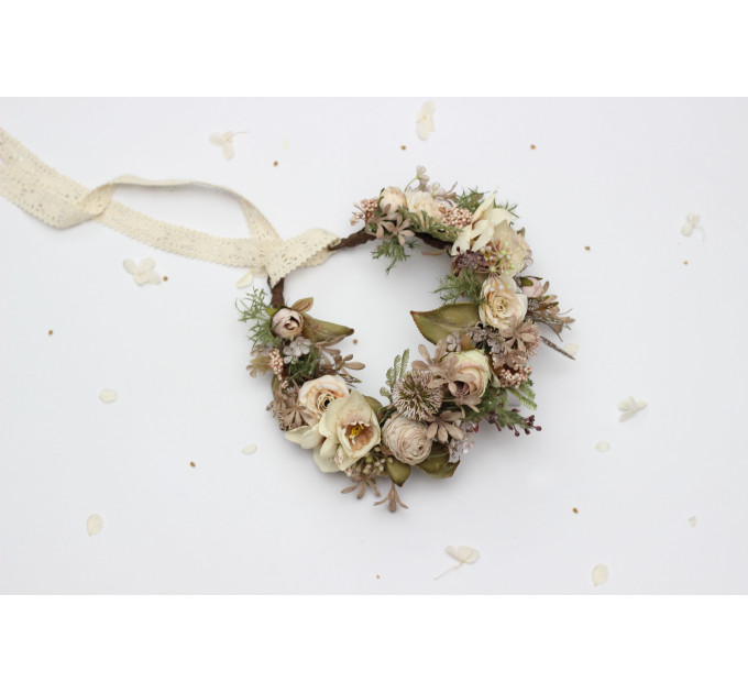 Ivory & Sage Green Boho Flower Crown for Romantic Bridal Hairstyles