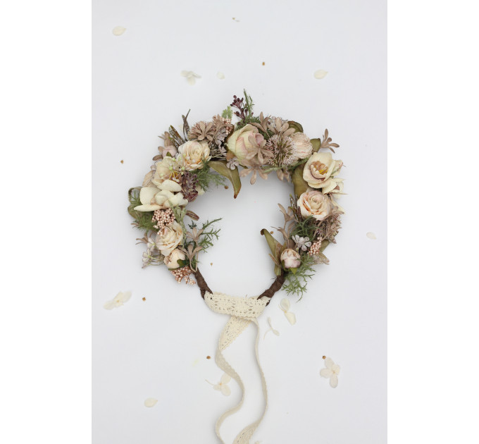Ivory & Sage Green Boho Flower Crown for Romantic Bridal Hairstyles