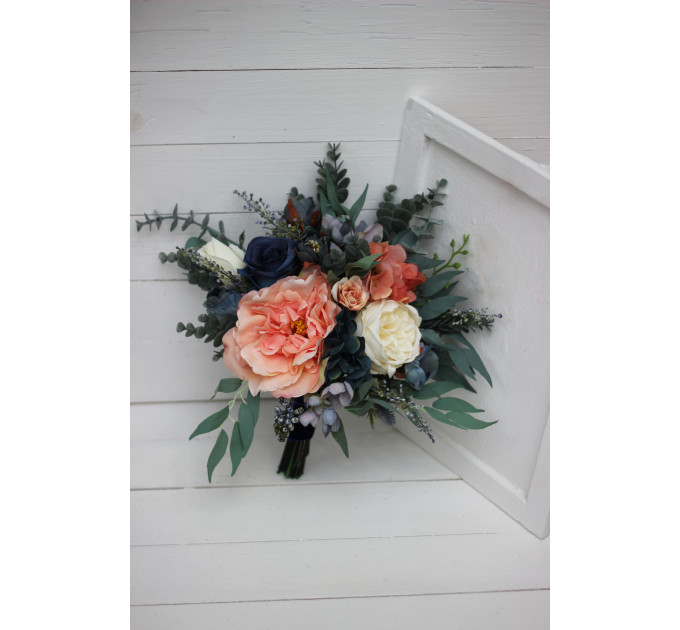 Bridal and Bridesmaid Wedding Bouquets in Navy Blue, Coral & Ivory