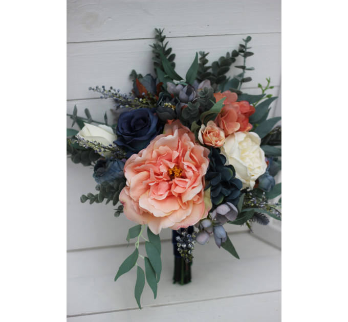 Bridal and Bridesmaid Wedding Bouquets in Navy Blue, Coral & Ivory