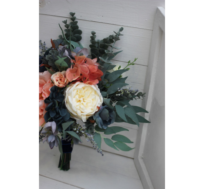 Bridal and Bridesmaid Wedding Bouquets in Navy Blue, Coral & Ivory