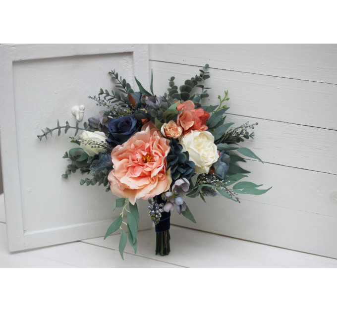 Bridal and Bridesmaid Wedding Bouquets in Navy Blue, Coral & Ivory