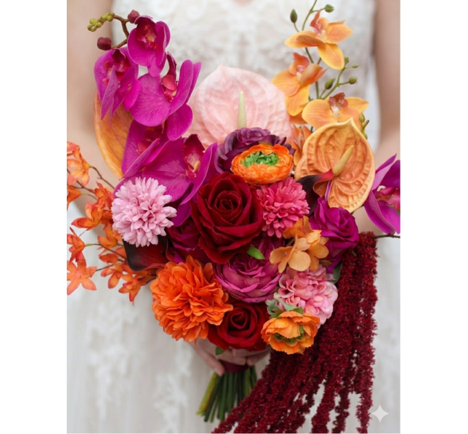 Alternative Diagonal Bridal Bouquet in Orange, Magenta and Pink, Red