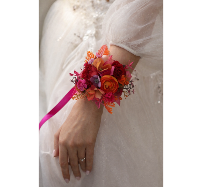 Orange, Magenta, Pink & Red Floral Wrist Corsage for Weddings