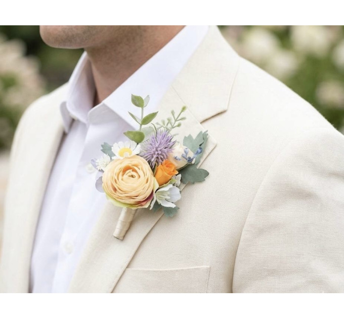Colorful Wedding Boutonnieres in Peach, Dusty Blue, Ivory & Orange | Flower Accessories
