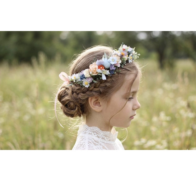 Wildflower Flower Crown | Colorful Peach, Orange, Dusty Blue, Ivory & Lilac Flowers | Flower Girl Crown