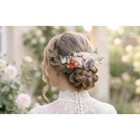 Flower comb in peach dusty blue ivory orange color scheme. Wedding accessories for hair. Colorful bridal flower comb. Wildflowers floral comb. 5364