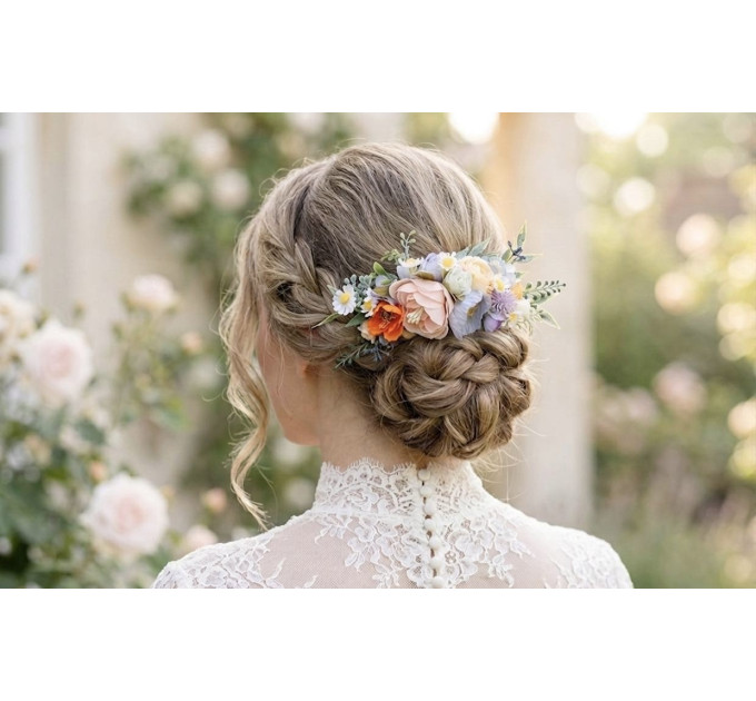 Flower Comb in Peach, Dusty Blue, Ivory & Orange | Wedding Hair Accessories | Wildflower Bridal Floral Comb