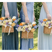 Bridesmaid basket with peach orange dusty blue ivory lilac flowers for farmer or garden wedding. Colorful wildflowers. Daisy poppy alternative bouquet. 5364