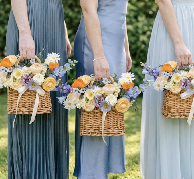 Bridesmaid Basket with Peach, Orange, Dusty Blue, Ivory, Lilac Flowers | Wildflower Wedding Bouquet