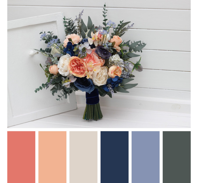 Bridal and Bridesmaid Wedding Bouquets in Navy Blue, Coral & Ivory
