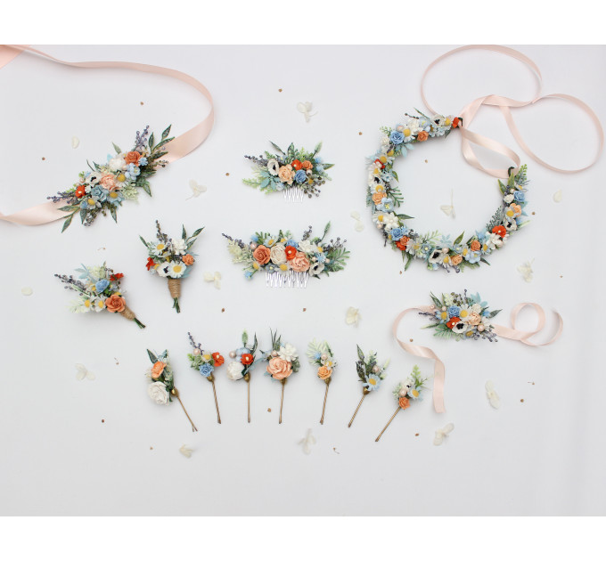 Peach, Dusty Blue & Ivory Wrist Corsage for Bridesmaids and Wedding Guests
