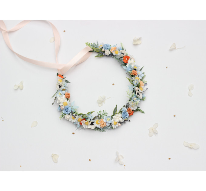 Peach, Dusty Blue & Ivory Flower Crown for Flower Girl Hairstyles
