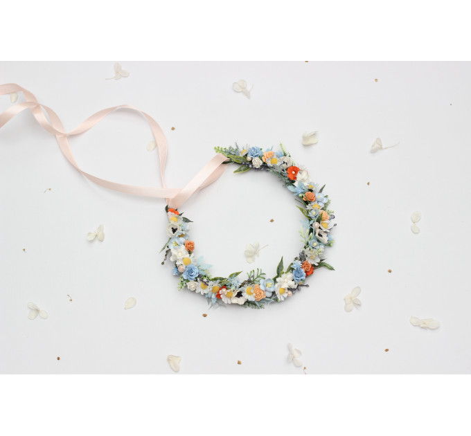 Peach, Dusty Blue & Ivory Flower Crown for Flower Girl Hairstyles