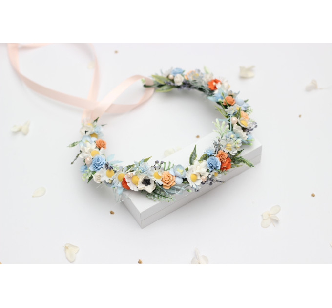 Peach, Dusty Blue & Ivory Flower Crown for Flower Girl Hairstyles
