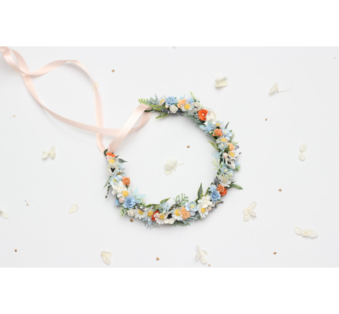 Peach, Dusty Blue & Ivory Flower Crown for Flower Girl Hairstyles