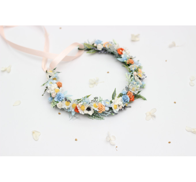 Peach, Dusty Blue & Ivory Flower Crown for Flower Girl Hairstyles