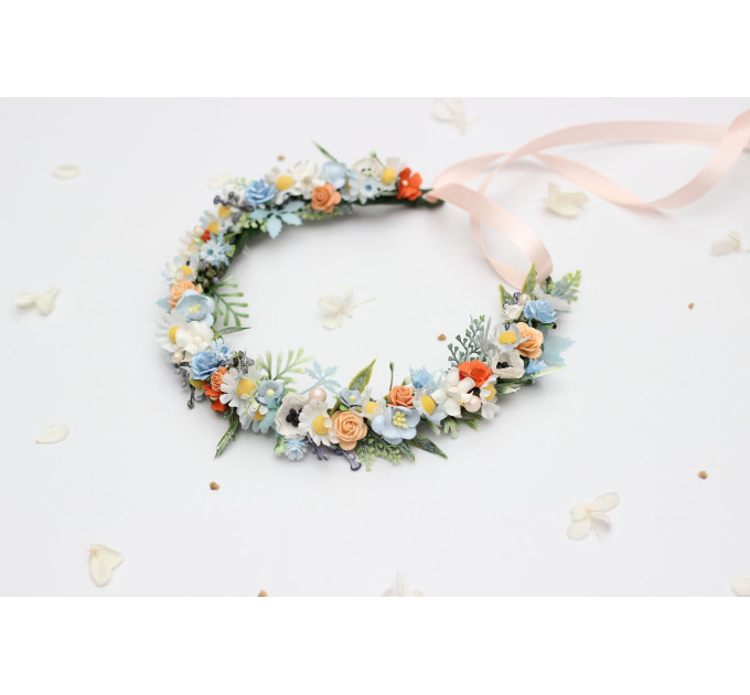 Peach, Dusty Blue & Ivory Flower Crown for Flower Girl Hairstyles