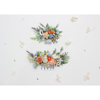 Peach, Dusty Blue & Ivory Wildflowers Flower Combs. Wedding Hair Accessories. 5424