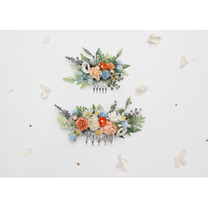 Peach, Dusty Blue & Ivory Wildflowers Flower Combs. Wedding Hair Accessories. 5424