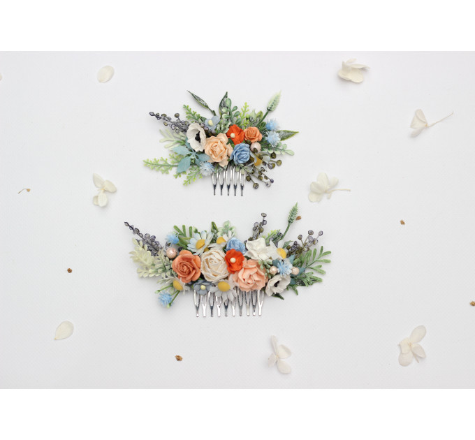 Peach, Dusty Blue & Ivory Floral Hair Combs for Wedding Hairstyles