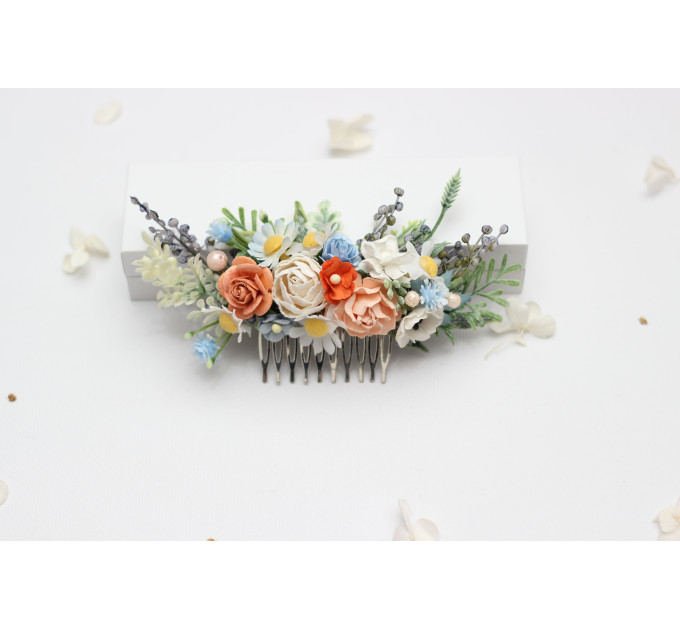 Peach, Dusty Blue & Ivory Floral Hair Combs for Wedding Hairstyles