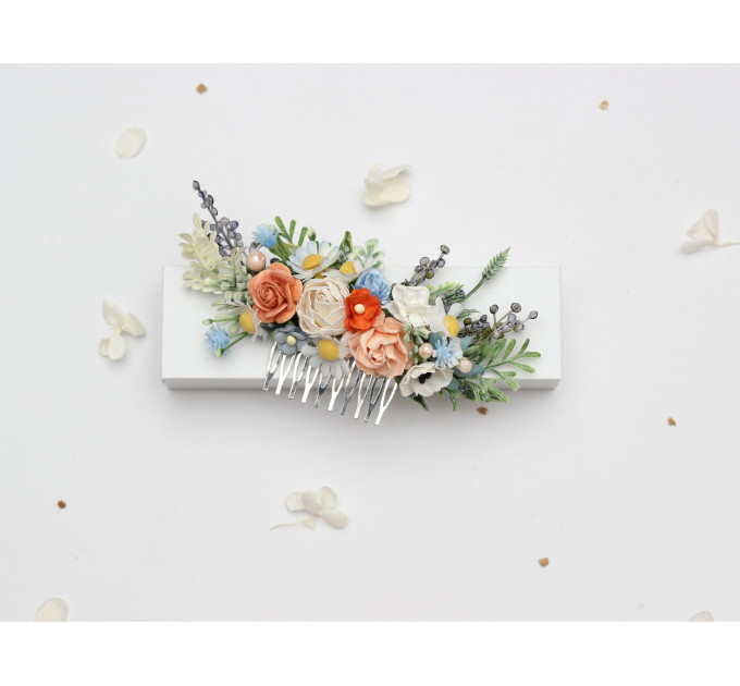 Peach, Dusty Blue & Ivory Floral Hair Combs for Wedding Hairstyles