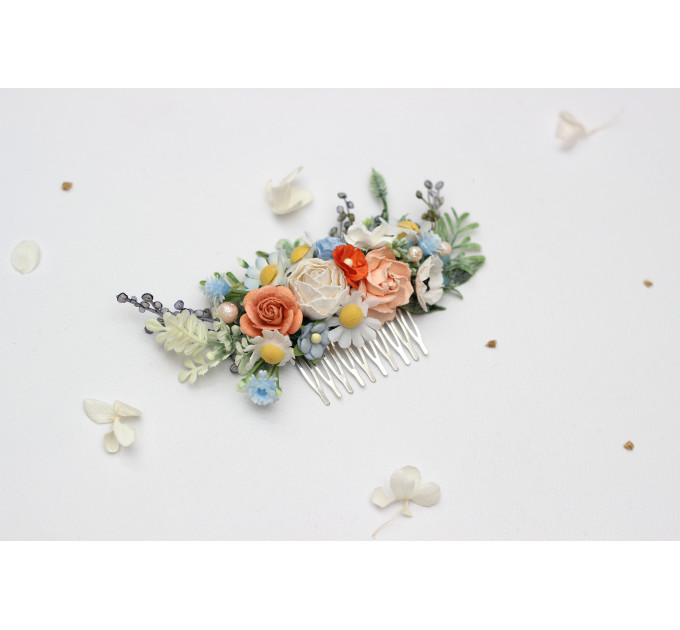 Peach, Dusty Blue & Ivory Floral Hair Combs for Wedding Hairstyles