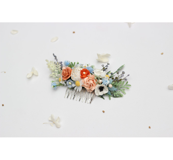 Peach, Dusty Blue & Ivory Floral Hair Combs for Wedding Hairstyles