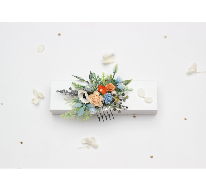 Peach, Dusty Blue & Ivory Floral Hair Combs for Wedding Hairstyles