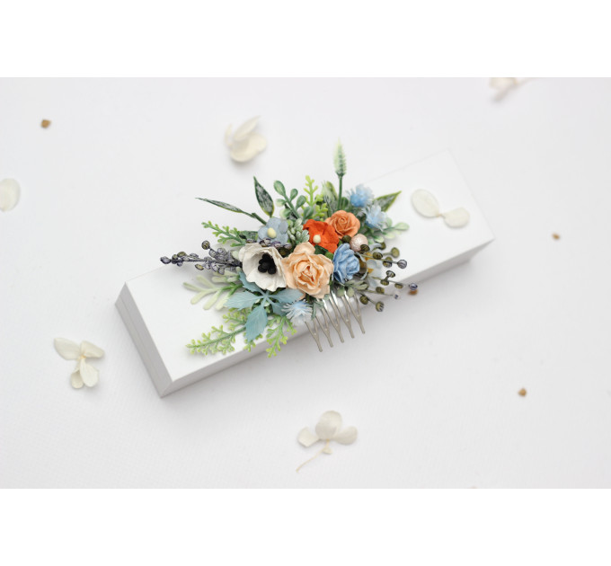 Peach, Dusty Blue & Ivory Floral Hair Combs for Wedding Hairstyles