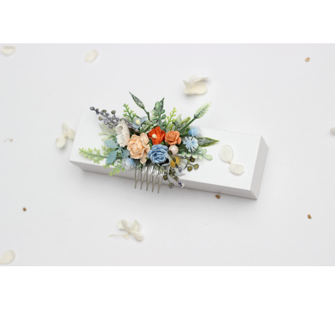 Peach, Dusty Blue & Ivory Floral Hair Combs for Wedding Hairstyles