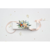 Peach, Dusty Blue & Ivory Wildflowers Wrist Corsage  5424