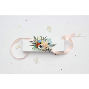 Peach, Dusty Blue & Ivory Wildflowers Wrist Corsage  5424