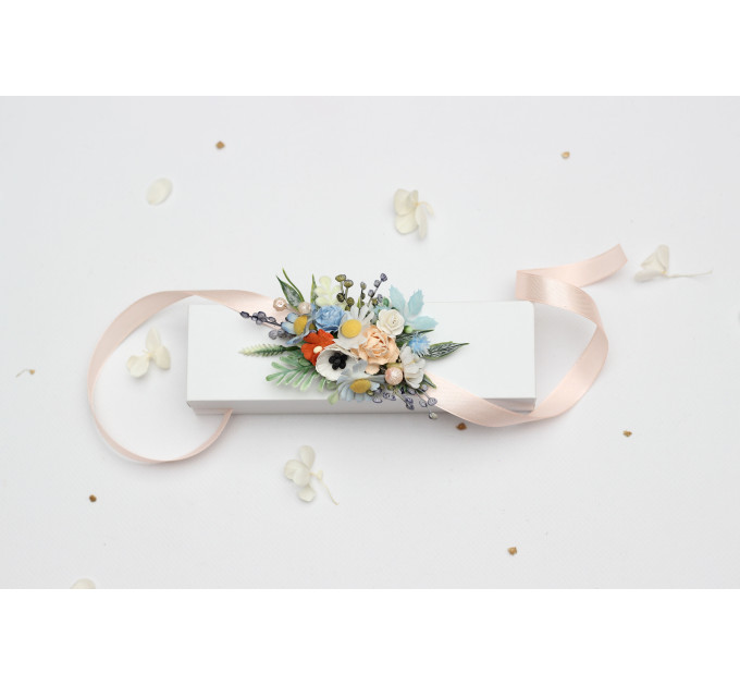 Peach, Dusty Blue & Ivory Wrist Corsage for Bridesmaids and Wedding Guests