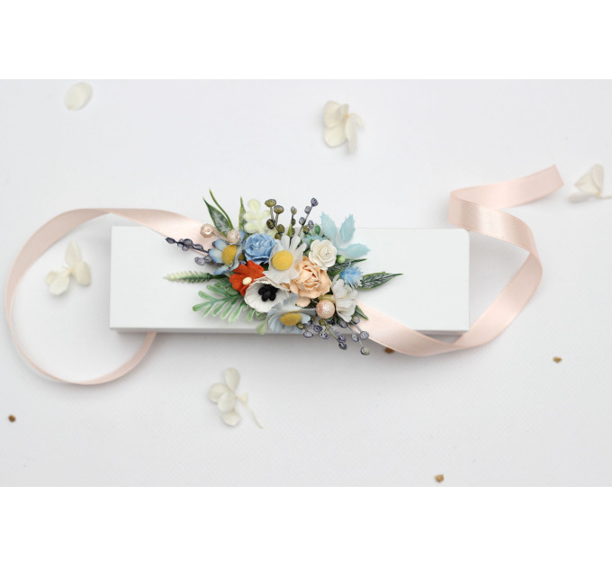 Peach, Dusty Blue & Ivory Wrist Corsage for Bridesmaids and Wedding Guests