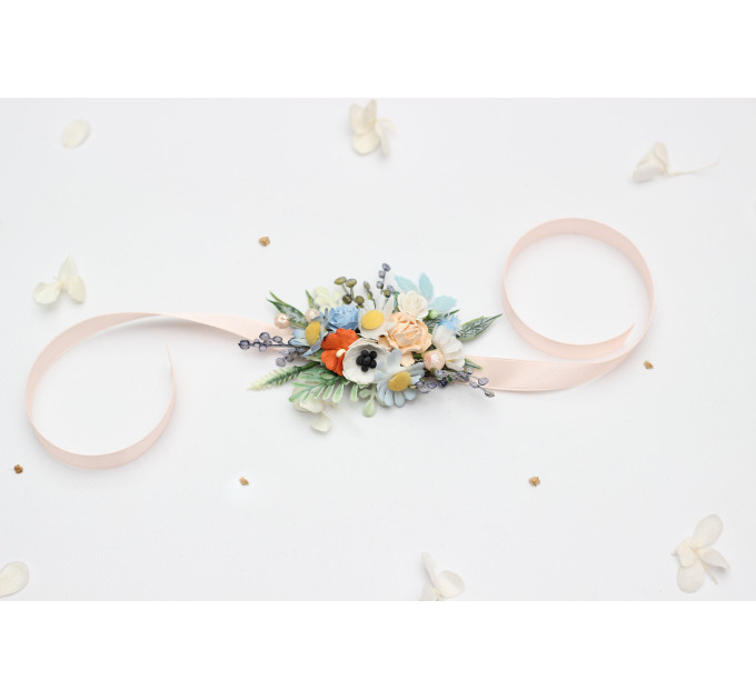 Peach, Dusty Blue & Ivory Wrist Corsage for Bridesmaids and Wedding Guests
