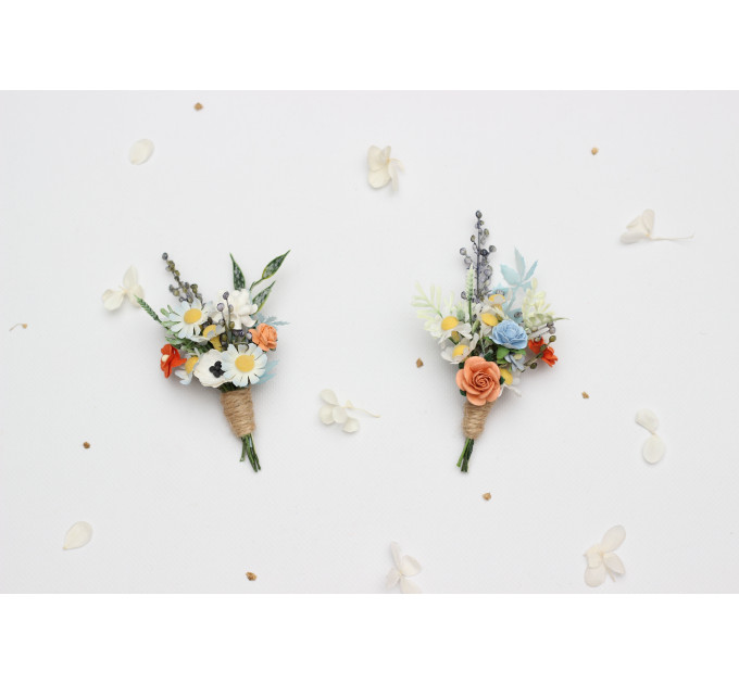 Peach, Dusty Blue & Ivory Wedding Boutonnieres for Groom and Groomsmen