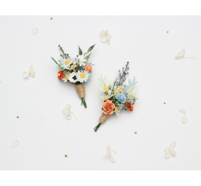 Peach, Dusty Blue & Ivory Wedding Boutonnieres for Groom and Groomsmen