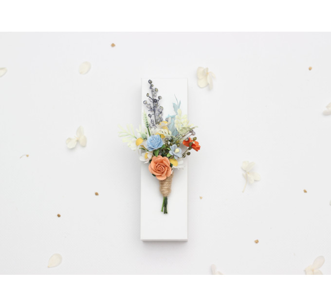 Peach, Dusty Blue & Ivory Wedding Boutonnieres for Groom and Groomsmen