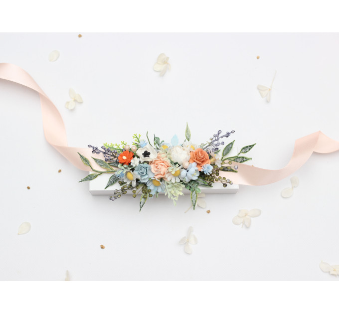 Peach, Dusty Blue & Ivory Flower Belt for Bridal Dress