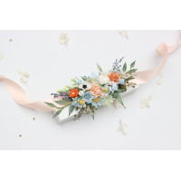 Wildflowers Peach, Dusty Blue & Ivory Wedding Flower Belt. Flower Girl Sash 5424