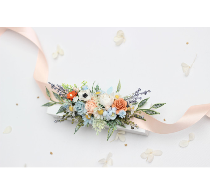 Peach, Dusty Blue & Ivory Flower Belt for Bridal Dress
