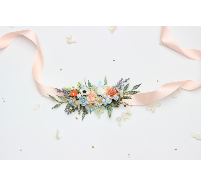 Peach, Dusty Blue & Ivory Flower Belt for Bridal Dress