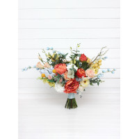 Bright Colorful  Wildflower Wedding Bouquet in Peach, Dusty Blue, Coral, Yellow & Ivory 5485