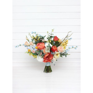 Bright Colorful  Wildflower Wedding Bouquet in Peach, Dusty Blue, Coral, Yellow & Ivory 5485