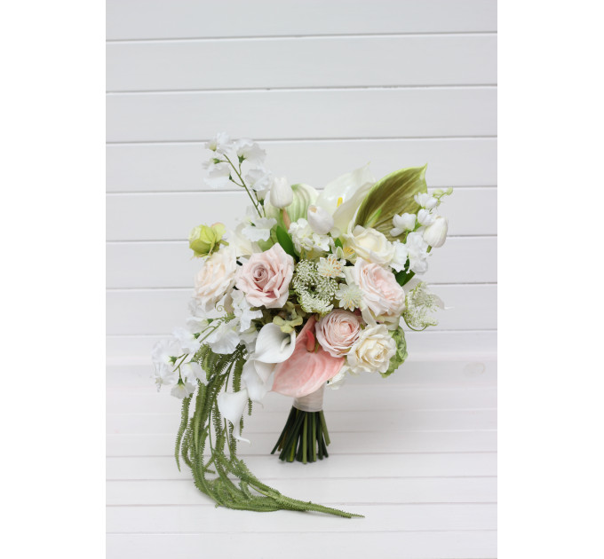 Bridal and Bridesmaid Bouquets in Blush Pink, Ivory & Soft Olive Green